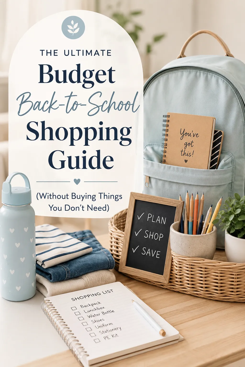 backpack with school supplies, lunchbox, shoes and uniform neatly organised for back-to-school.