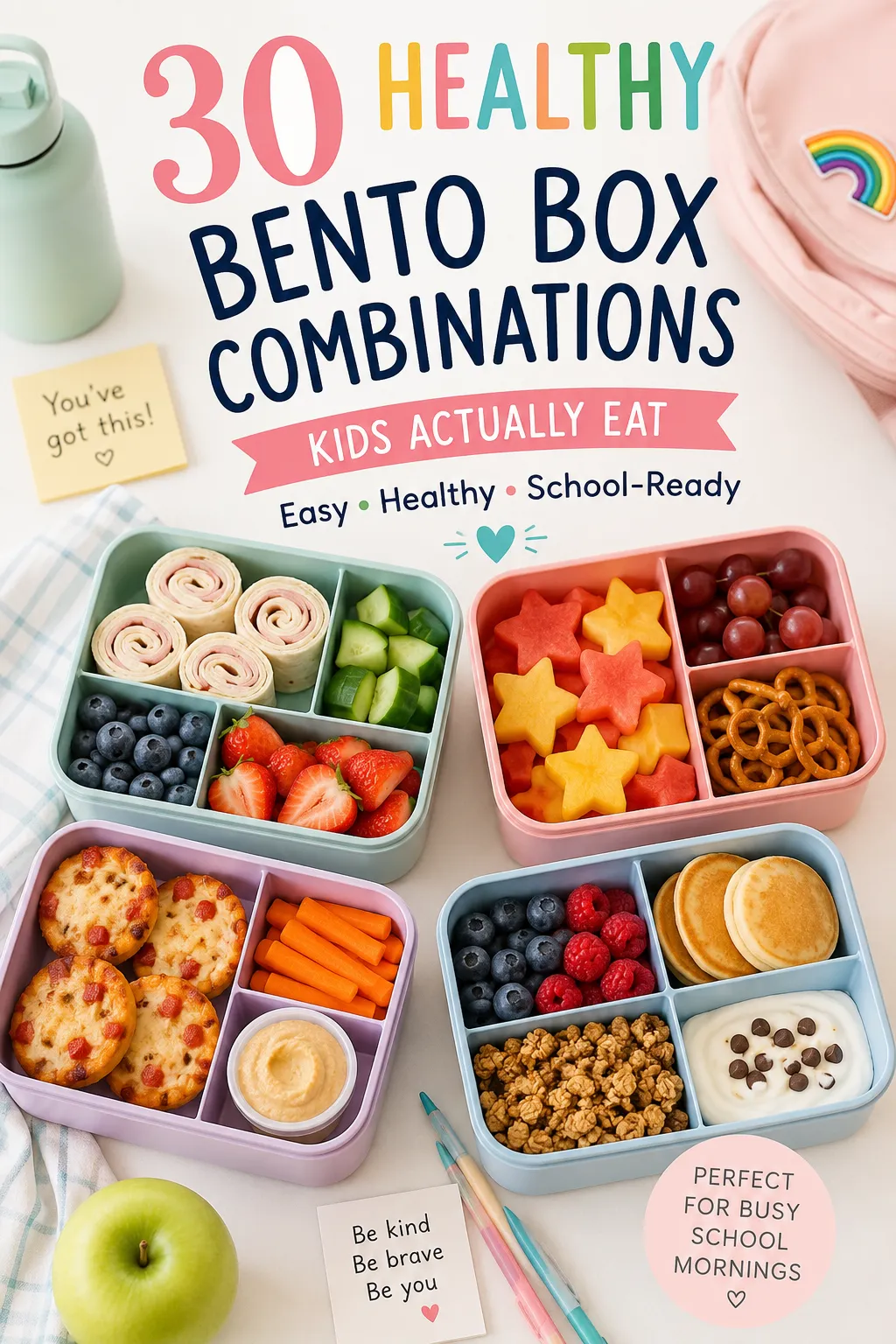 Healthy back-to-school bento lunchbox with colourful fruit, vegetables and homemade snacks.