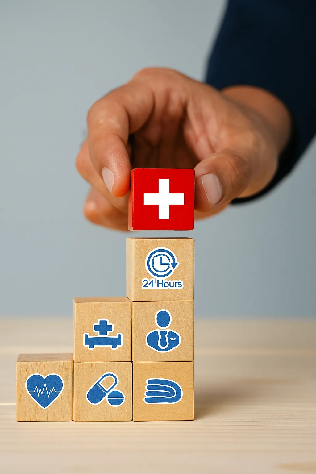 Bloques de madera apilados con iconos médicos que representan la protección de salud colectiva para empresas, ideal para seguros en Madrid y Fuencarral.