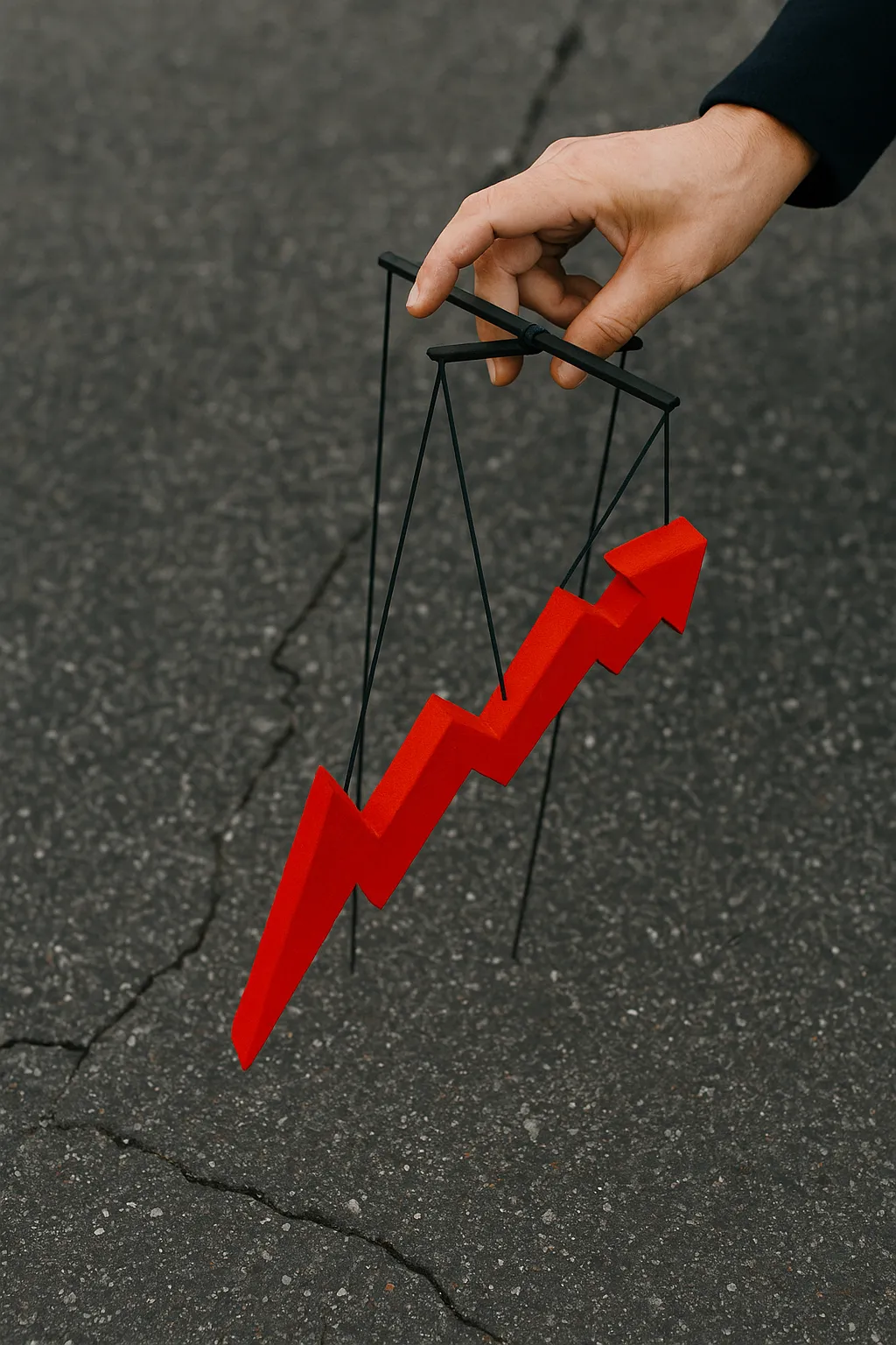 Mano sujetando una flecha roja descendente como marioneta, simbolizando mercados financieros inestables y caída económica en el contexto empresarial.