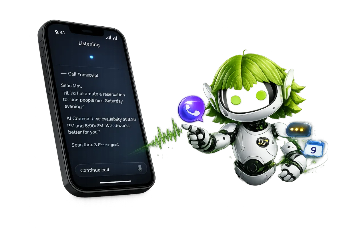 Mobile phone showing a call transcript and voice assistant screen