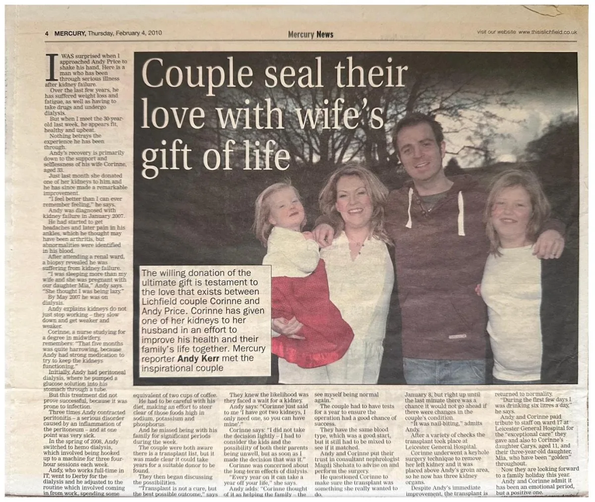 Andy Price and family, newspaper article, Couple seal theit love with  wife gift of life