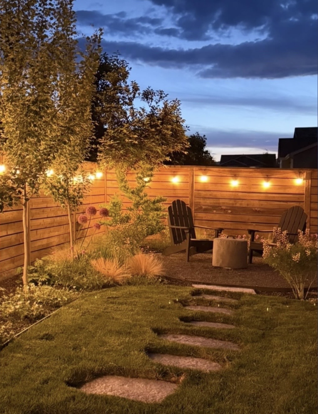 A sheltered backyard seating area at dusk