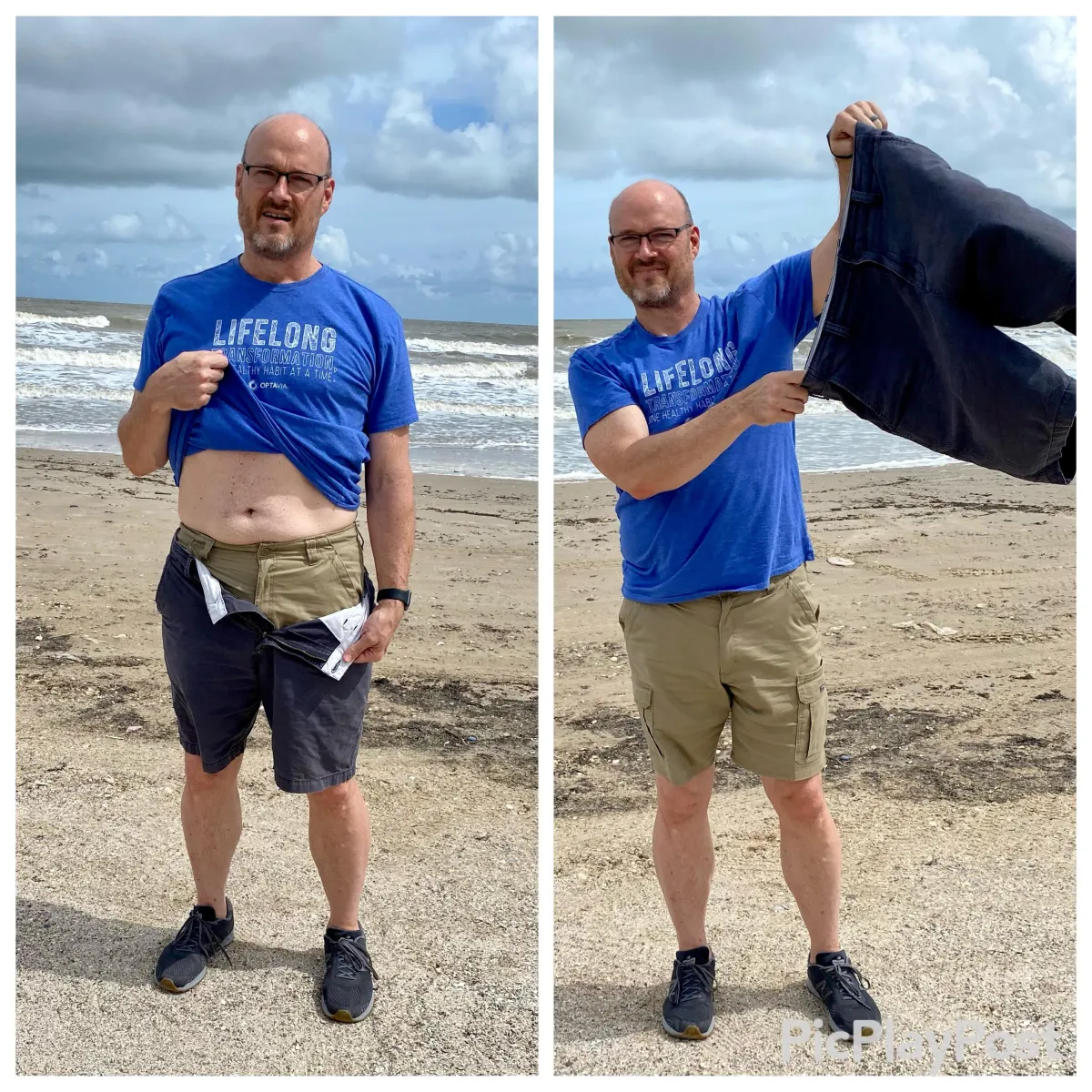 A man displays his shirt in two images, showcasing the fabric and design while holding it up with both hands