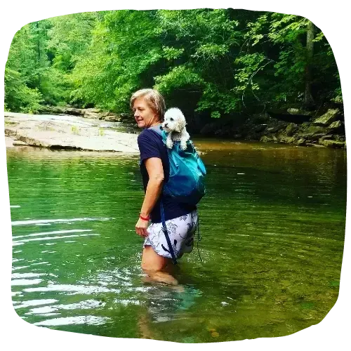 Chattanooga dog trainer Heidi Casey on a dog walking adventure in Big Soddy Gulf with a trail adventure dog client 