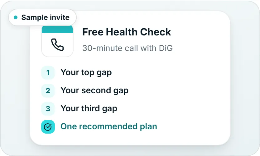 Sample illustration: a Free Health Check invite listing your top three gaps and one recommended plan.