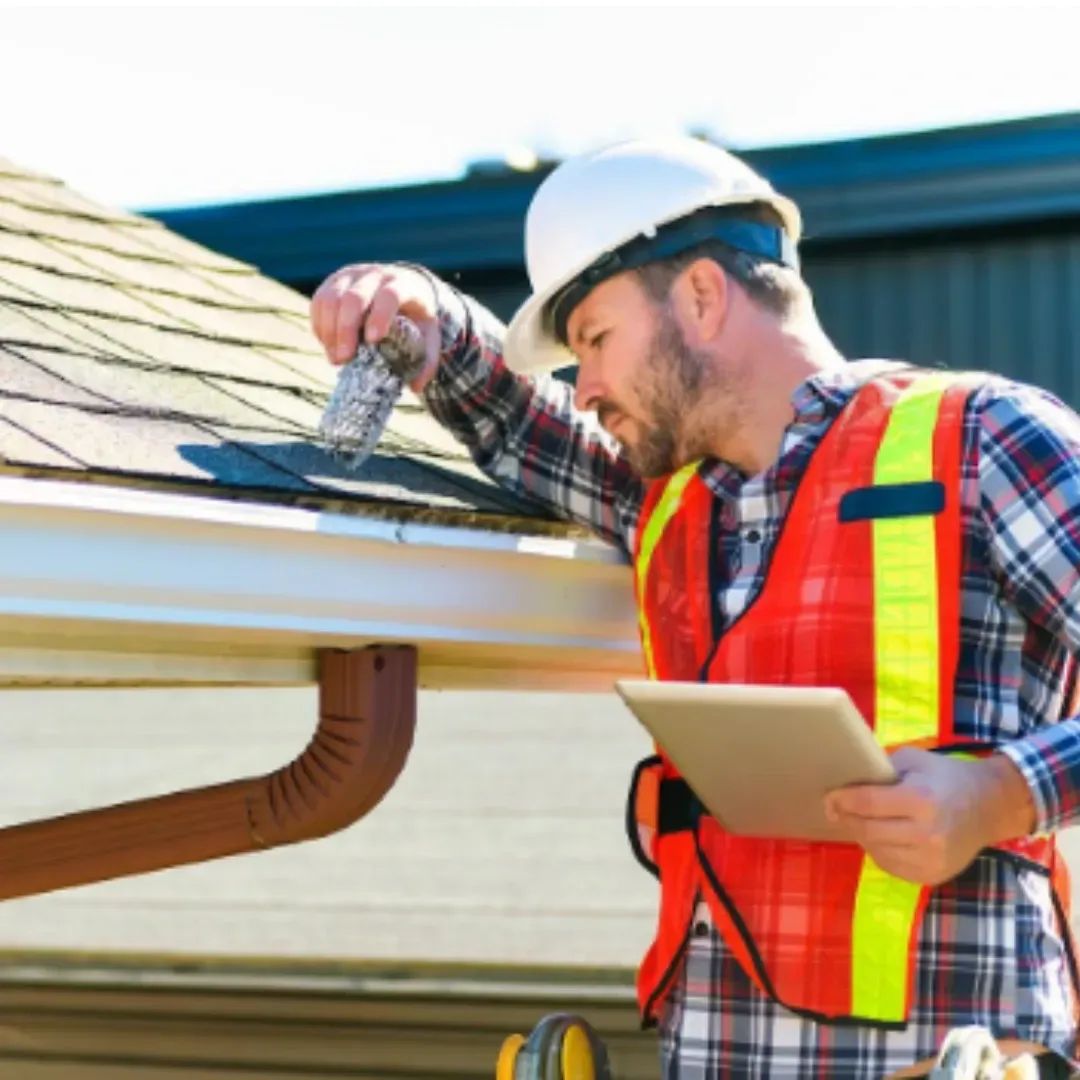 Roof inspector in safety vest checking shingles and taking notes in Austin, TX