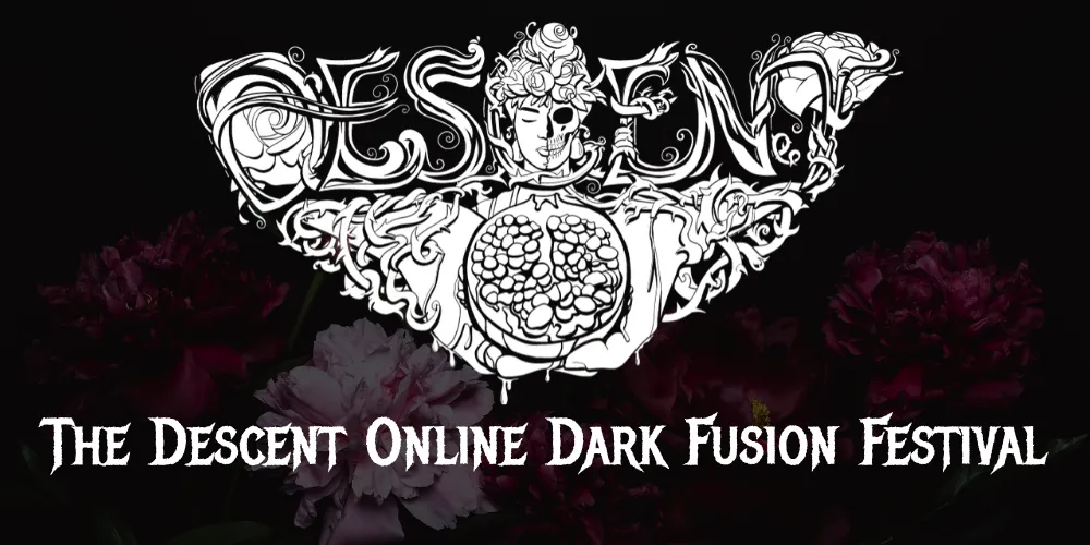The Descent Dark Fusion Festival logo with Persephone holding a pomegranate and flowers in the background