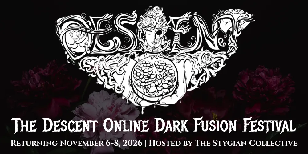 The Descent Dark Fusion Festival logo with Persephone and pomegranate