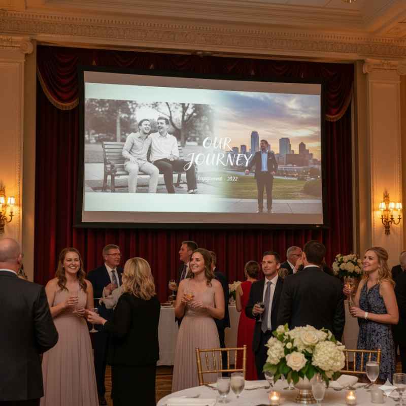 A wedding party stands in front of a projector showing images of the married couple.