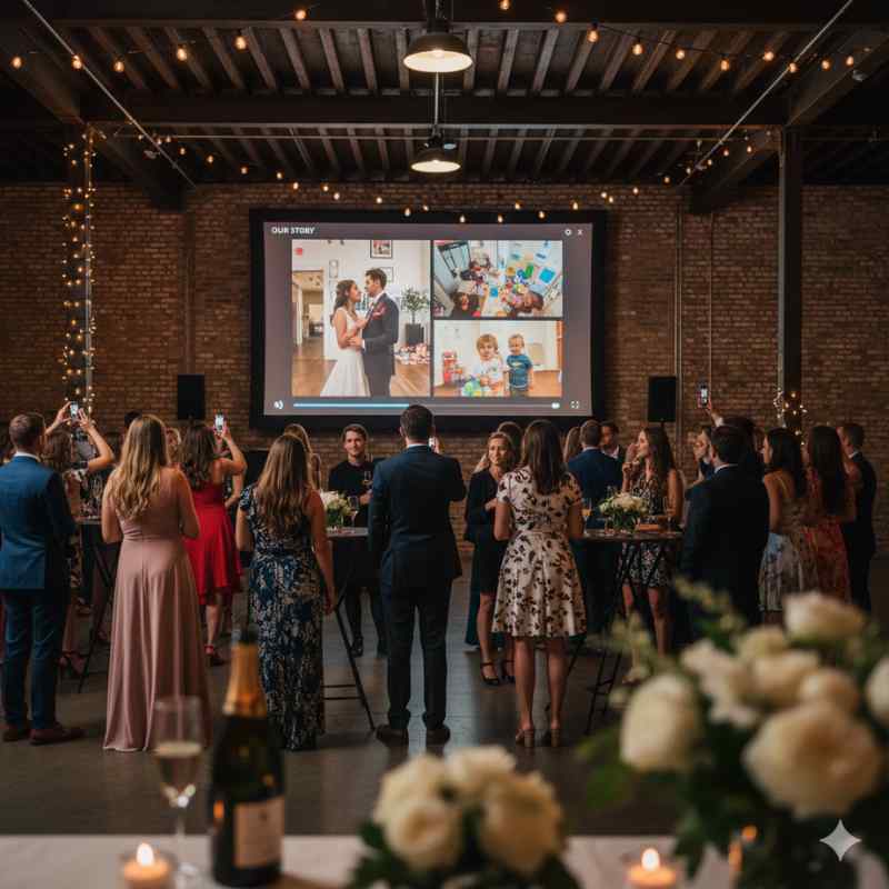 Wedding guests stand in a reception all looking at images of the married couple on a projector.