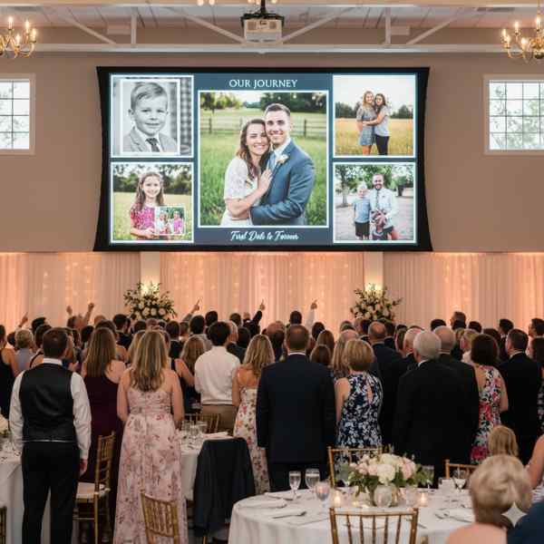 A large group of wedding guests stand in a reception all looking at images of the married couple on a projector.