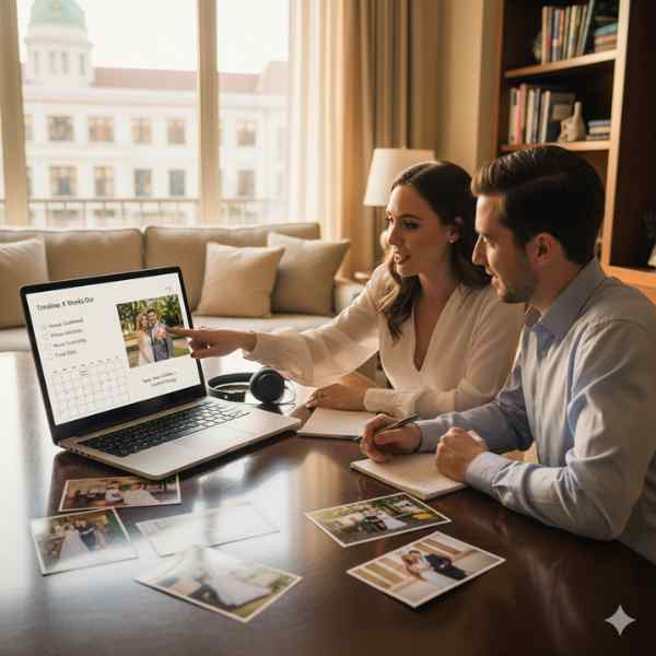 A man and a woman sit at a table in an apartment looking at wedding photos on a laptop
