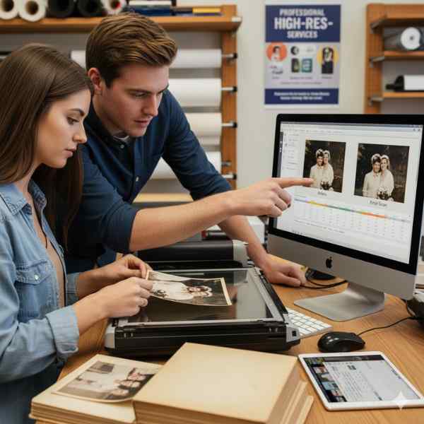 Two digital technicians scan pictures of a wedding couple into image editing software