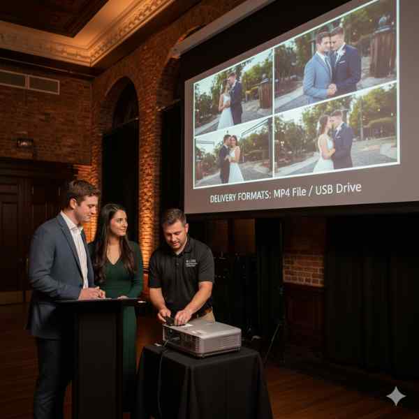 A technician loads images into a projector at a reception hall while a young couple watches.