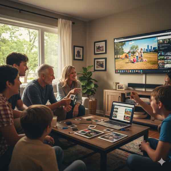 A large family gathers around a coffee table sorting 35mm slides