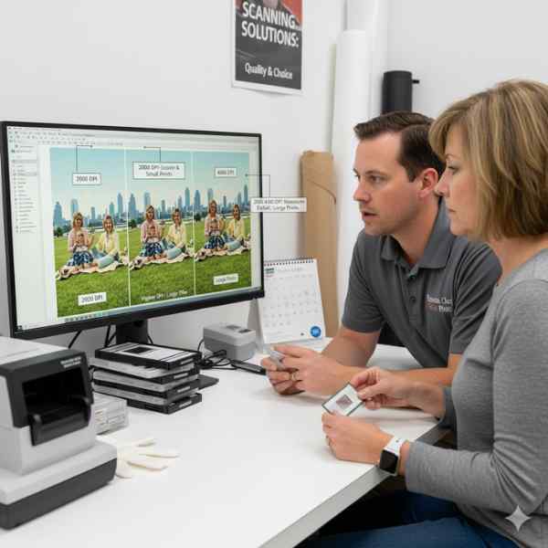 A male and female image technicians sit at a white table comparing scanned image qualities.