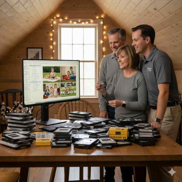 Two male technicians stand with an elderly woman while they sort through piles of 35mm slides in an attic storage room
