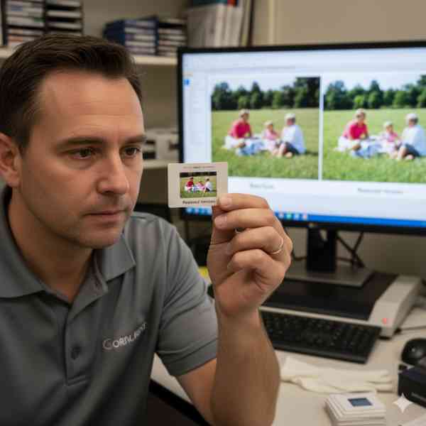 A male digital technician carefully examines a 35mm slide while the image it contains is displayed on a computer monitor