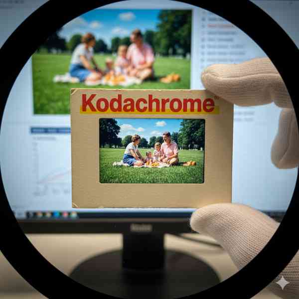 A white gloved hand holds a 35mm slide close to a magnifying lens so that it can be examined