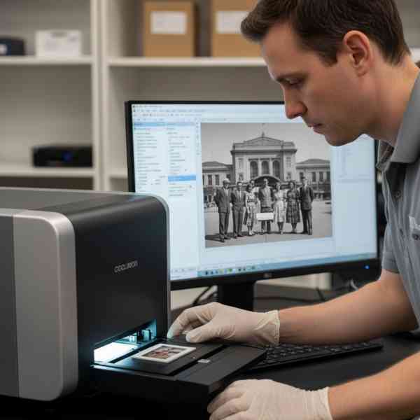 A technician wearing gloves carefully loads a 35mm slide into a scanning machine