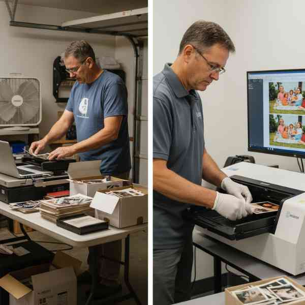 Side by side comparison of two men, one loading old images into a dirty machine in a basement while the other is loading them into a professional scanning machine
