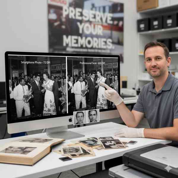 A technician sitting at a white table wearing gloves in front of a monitor showing a scanned image from  35m slide