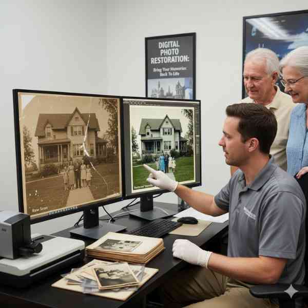 A technician sitting at a desk while an elderly married couple stand behind him. He points at a scanned 35mm image showing how it has been reparied