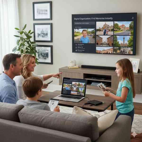 A family with two children sit at a couch while looking at images on a monitor that have been scanned in from 35mm slides.