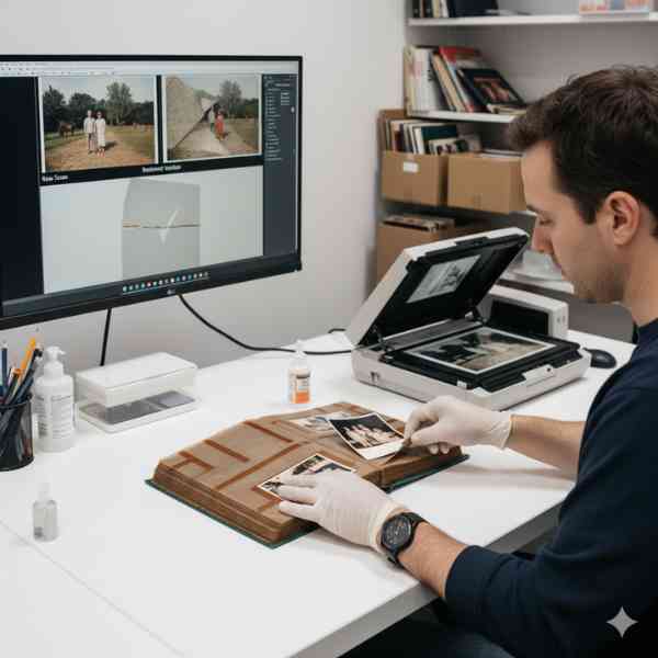 A technician wearing gloves carefully removes old images from a photo album prior to scanning them digitally