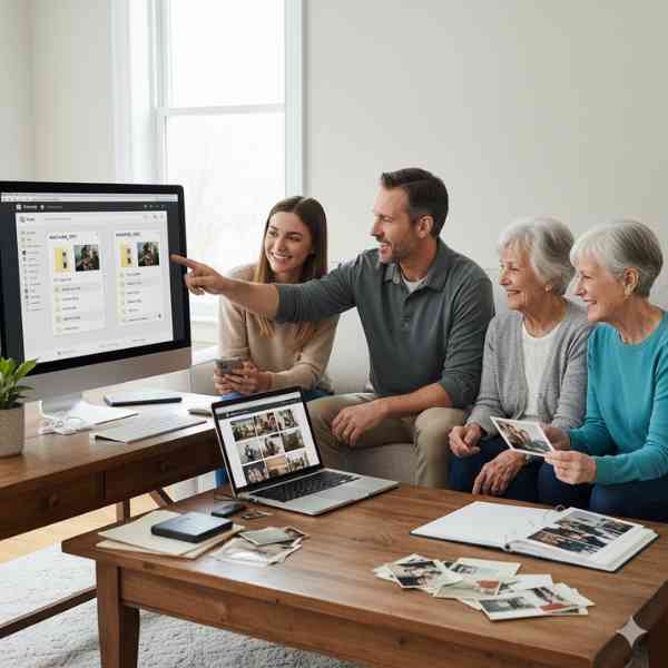 A man site on a couch with three ladies as he shows them different file formats to save images in