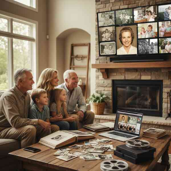 An older family sit at a couch with a pile of old photos picking out witch ones to use in a video montage