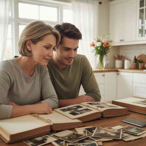 A middle aged women sits with her some at a kitchen table looking over old black and white photos of a man