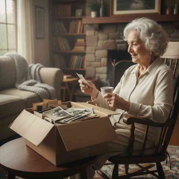 An elderly lady sits in a rocking chair holding a cup of tea in a living room while she gazes at a box of old photographs