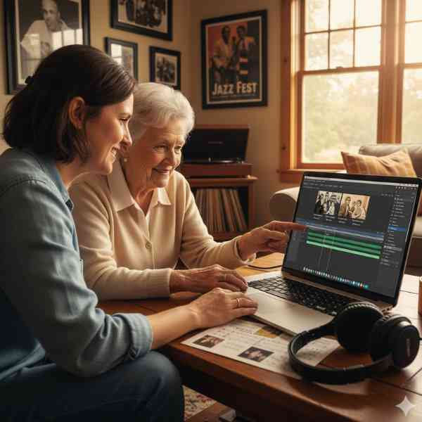 A woman sits with an elderly lady at a laptop while the search for songs to play at a memorial service