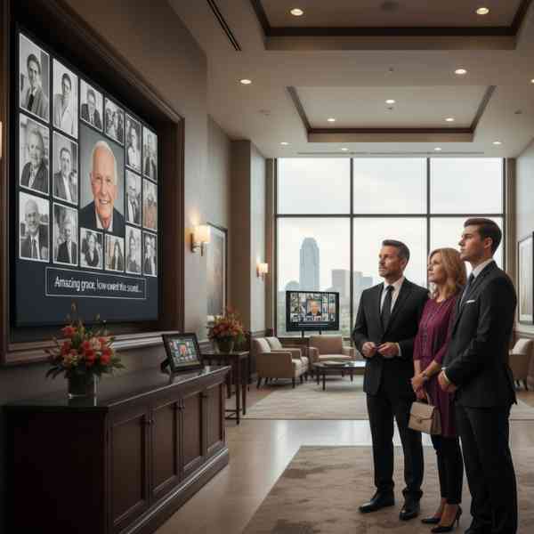 Two well dressed men and a woman stand in an ornate funeral home looking at a video screen showing a video montage of an elderly man