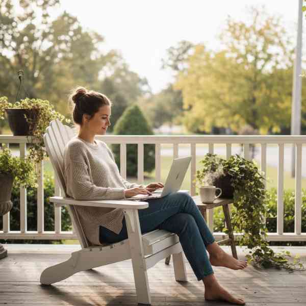 A young woman wearing a sweater sitting in a chair on a white porch using a laptop