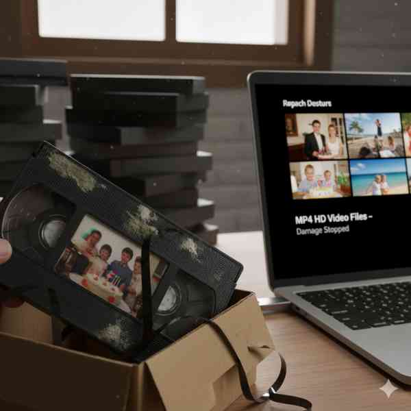 A closeup picture of a box of old VHS tapes sitting on a desk beside a laptop