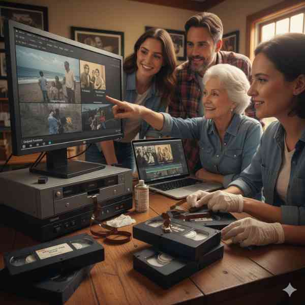 A family group stands around a wooden table that contains several old betamax tapes. The eldest woman is pointing at the screen showing a fishing trip.