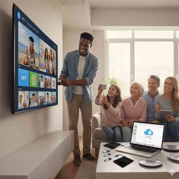 An extended family are sitting on a couch in a living room while another man points to digital images being displayed on a wall monitor