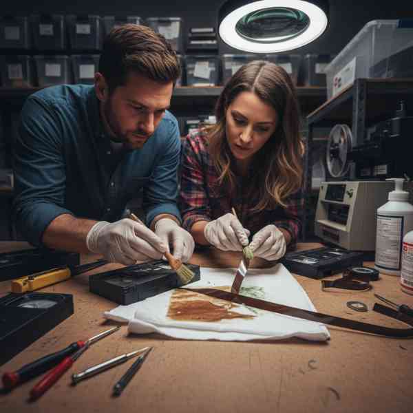 Two technicians are leaning over a table under a lamp using tools to carefully repair damaged VHS tapes