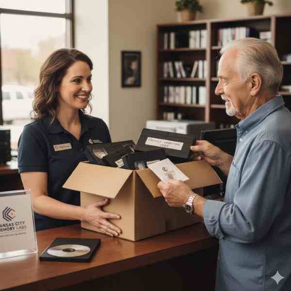 An elderly man stands in front of a counter smiling as a female technician hands him a cardboard box full of VHS tapes