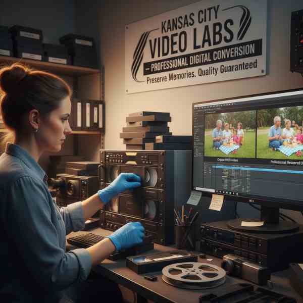 A female technician carefully works a digital mixing machine as she compares two images being generated from old VHS tapes