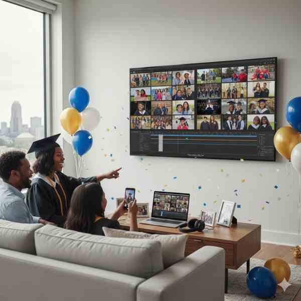 A family, including a smiling graduate in cap and gown, watches a large screen displaying a graduation photo montage. Confetti and balloons adorn the bright room with a city view. A laptop showing video editing software and framed photos are visible on the table.