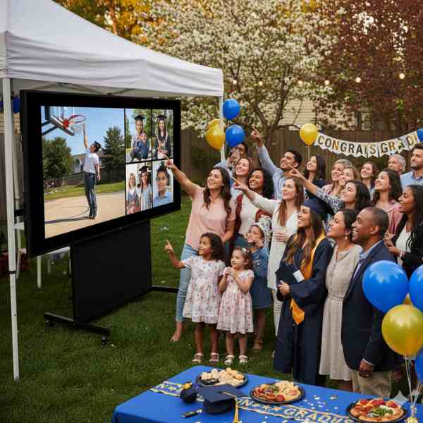 A diverse group of family and friends celebrate a graduate at an outdoor party, gathered around a large screen under a tent displaying a graduation montage with both still photos and video clips. Many people are smiling and pointing at the screen, with balloons and "Congrats Grad" banner visible in the decorated backyard. A table with snacks is in the foreground.