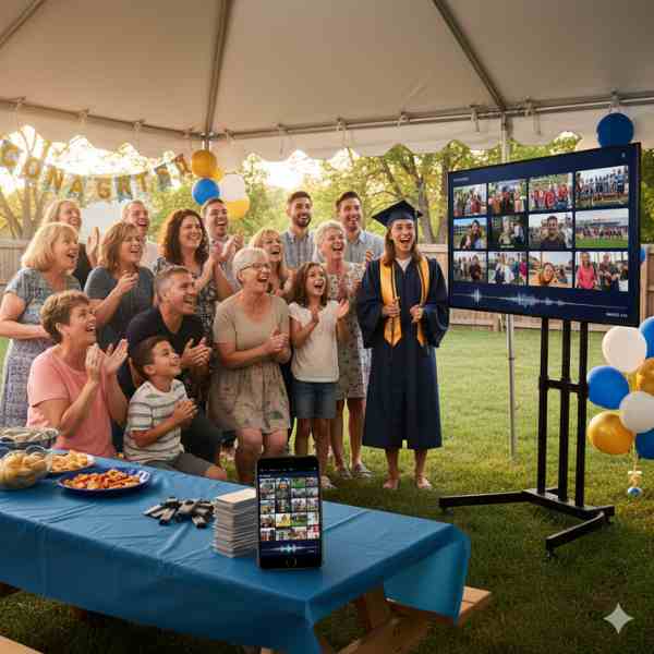 A joyful multi-generational family and friends clap and cheer around a smiling graduate in cap and gown, all looking at a large outdoor screen displaying a dynamic graduation photo and video montage. The scene is set under a party tent with balloons and a "Congrats Grad" banner, featuring a picnic table with snacks and a tablet in the foreground.