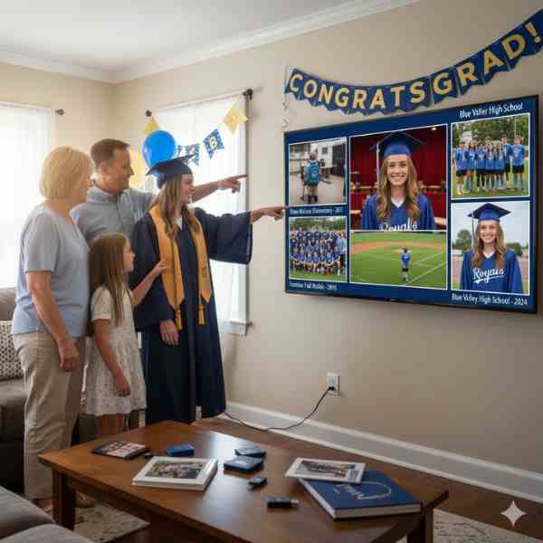 A smiling graduate in a cap and gown points at a large TV screen displaying a chronological photo montage of her journey from elementary school to high school, alongside her excited family in a decorated living room. The screen shows images from different school years and activities, with "Congrats Grad!" banners and balloons in the background.