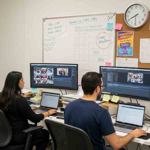 Two video editors work at separate desks with multiple monitors displaying video editing software and graduation montage content. A whiteboard in the background shows a calendar with "May-June Peak Season! Order Early!" and reminders for graduation montage bookings, indicating a busy period for video production.