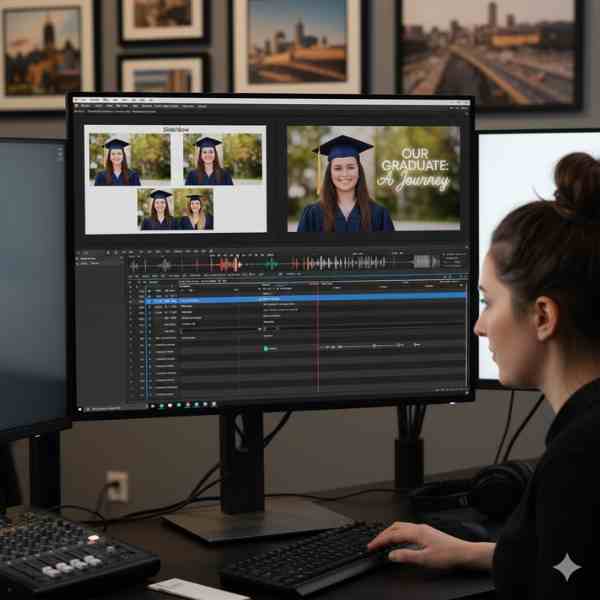 A female video editor works at a multi-monitor workstation, focusing on a screen displaying video editing software. The software shows a graduation montage project with a graduate's photo, timeline for motion graphics and audio, and a title card reading "OUR GRADUATE: A Journey." Headphones and a sound mixer are also on the desk.