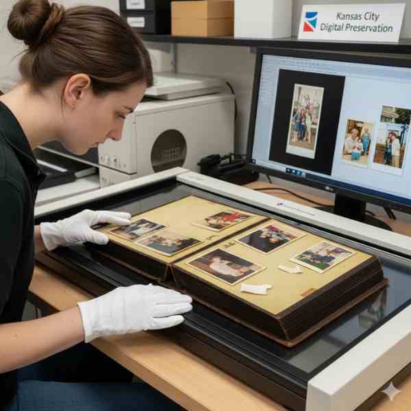 A professional archivist wearing white gloves carefully places an old, open photo album with glued-down pictures onto a large flatbed scanner. A computer monitor in the background displays digitized versions of family photos, with "Kansas City Digital Preservation" branding visible.